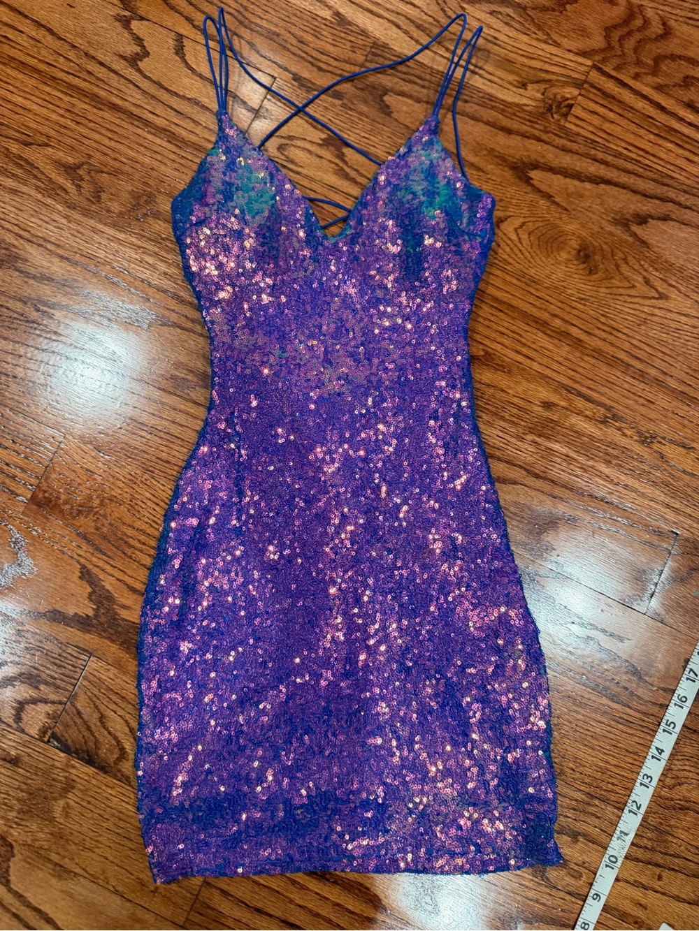 B Darlin Purple Sequin Backless Bodycon Dress with Crisscross Straps